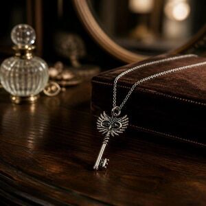 Antiqued Owl Head Feathered Wing Silver Skeleton Key Pendant Necklace